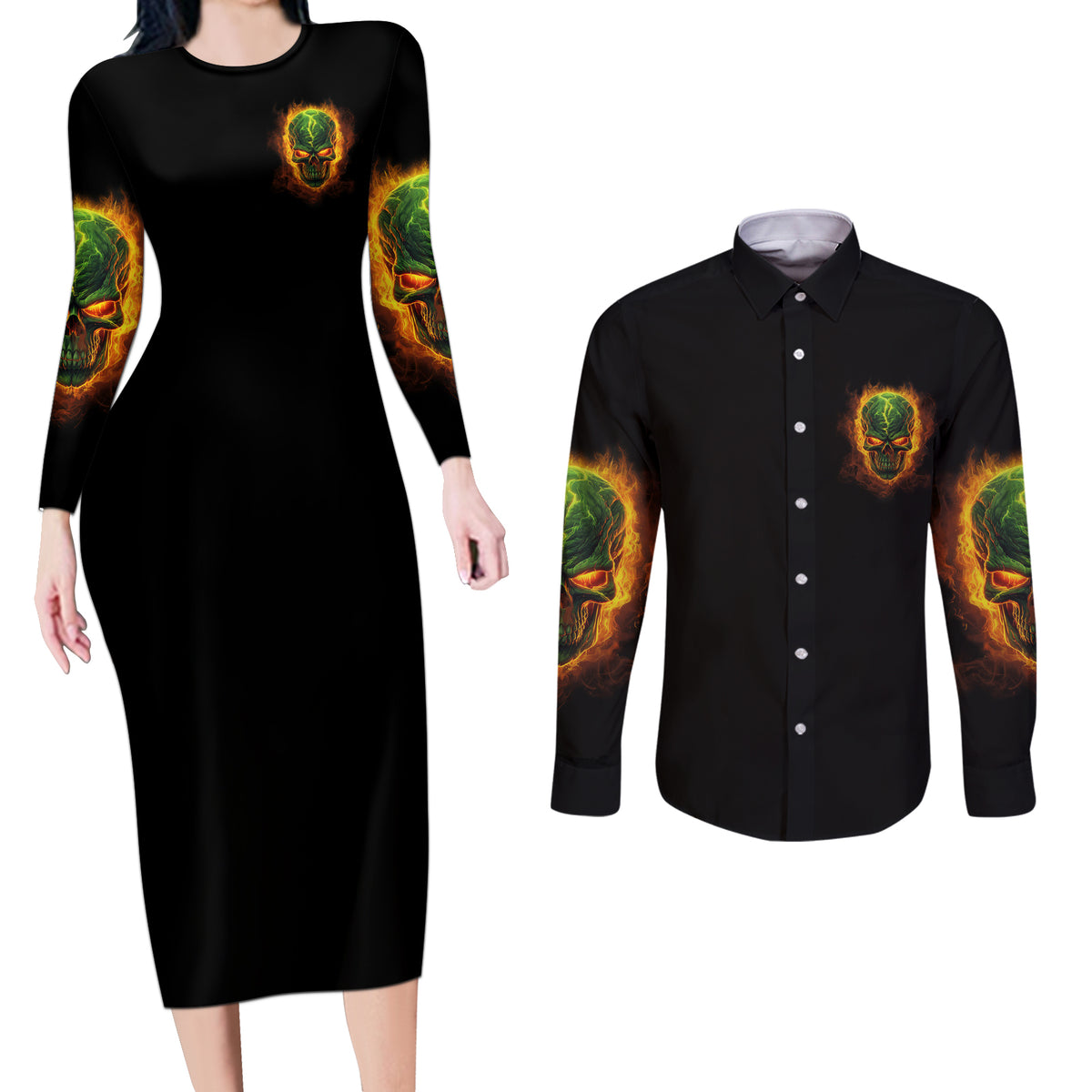 Your Demons Hide Under Your Bed Couples Matching Long Sleeve Bodycon Dress and Long Sleeve Button Shirt - Wonder Print Shop