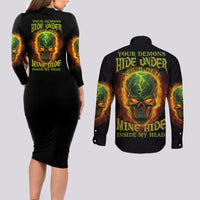 Your Demons Hide Under Your Bed Couples Matching Long Sleeve Bodycon Dress and Long Sleeve Button Shirt - Wonder Print Shop