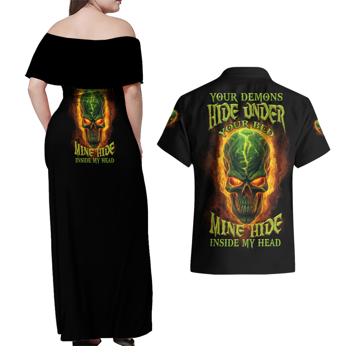 Your Demons Hide Under Your Bed Couples Matching Off Shoulder Maxi Dress and Hawaiian Shirt - Wonder Print Shop