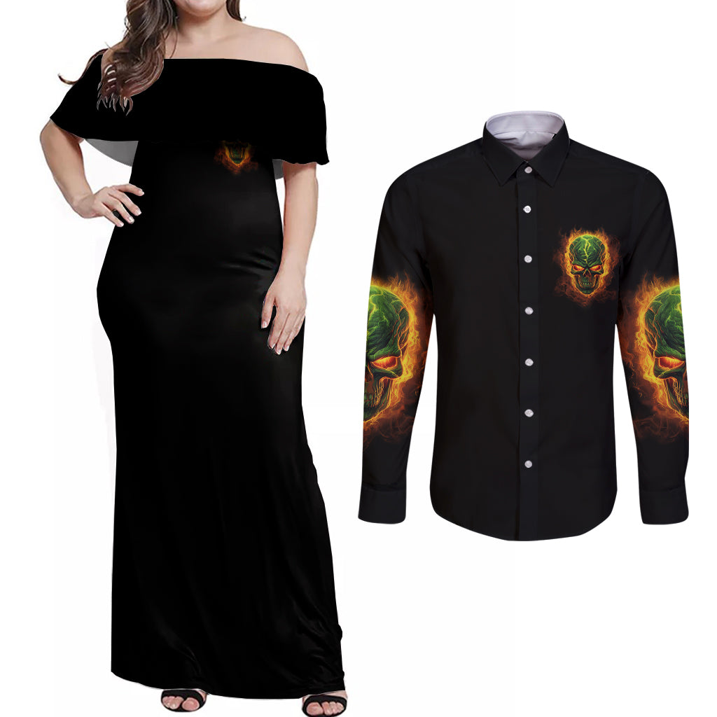 Your Demons Hide Under Your Bed Couples Matching Off Shoulder Maxi Dress and Long Sleeve Button Shirt - Wonder Print Shop