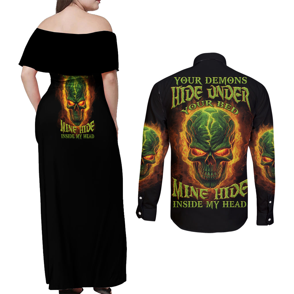 Your Demons Hide Under Your Bed Couples Matching Off Shoulder Maxi Dress and Long Sleeve Button Shirt - Wonder Print Shop