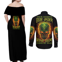 Your Demons Hide Under Your Bed Couples Matching Off Shoulder Maxi Dress and Long Sleeve Button Shirt - Wonder Print Shop