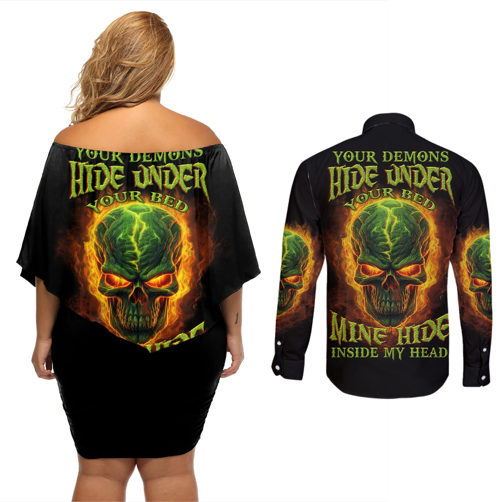 Your Demons Hide Under Your Bed Couples Matching Off Shoulder Short Dress and Long Sleeve Button Shirt - Wonder Print Shop