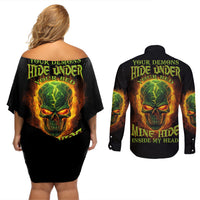 Your Demons Hide Under Your Bed Couples Matching Off Shoulder Short Dress and Long Sleeve Button Shirt - Wonder Print Shop