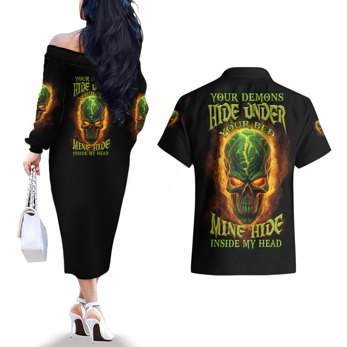 Your Demons Hide Under Your Bed Couples Matching Off The Shoulder Long Sleeve Dress and Hawaiian Shirt - Wonder Print Shop