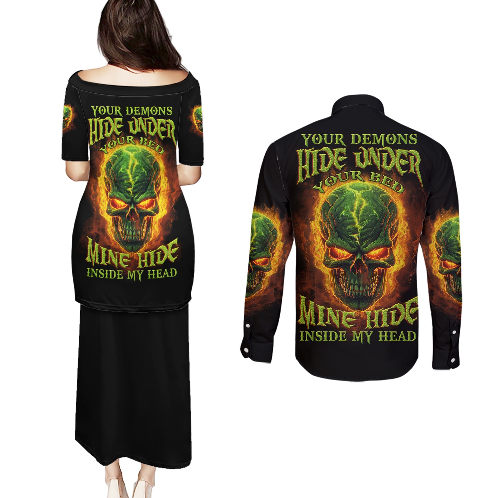Your Demons Hide Under Your Bed Couples Matching Puletasi Dress and Long Sleeve Button Shirt - Wonder Print Shop