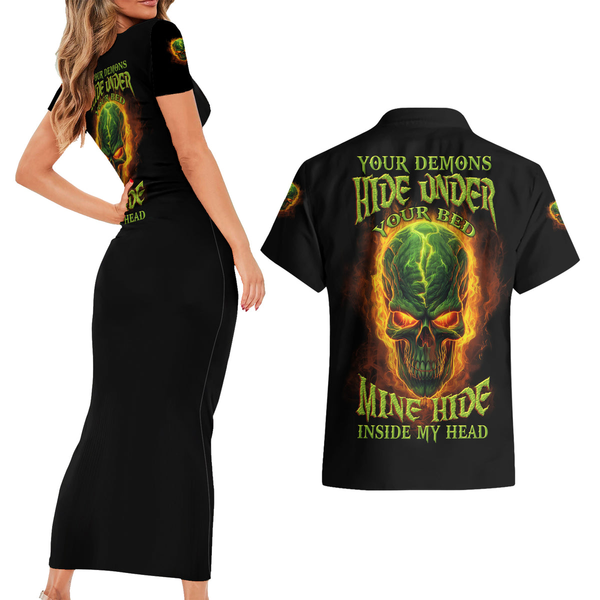 Your Demons Hide Under Your Bed Couples Matching Short Sleeve Bodycon Dress and Hawaiian Shirt - Wonder Print Shop