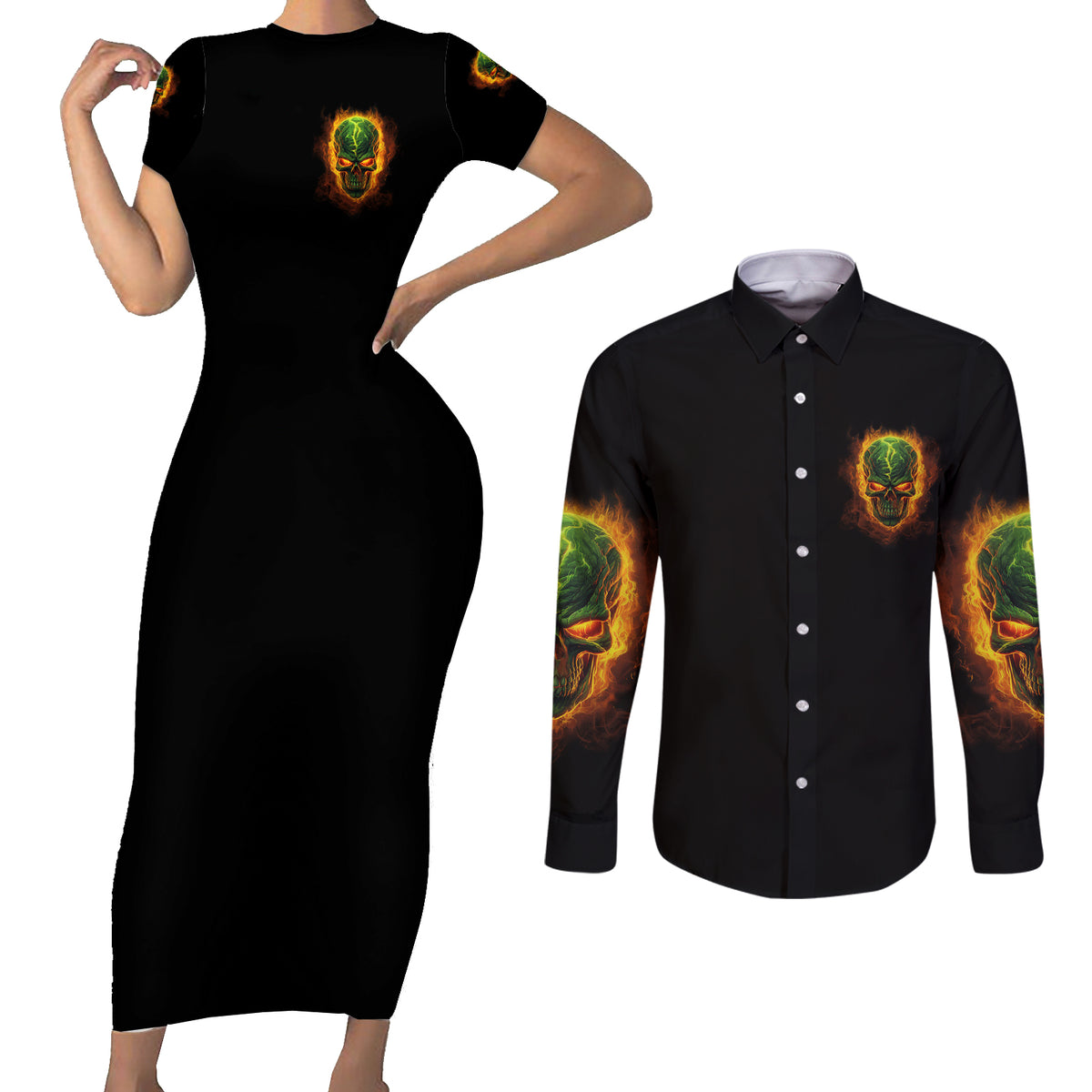 Your Demons Hide Under Your Bed Couples Matching Short Sleeve Bodycon Dress and Long Sleeve Button Shirt - Wonder Print Shop
