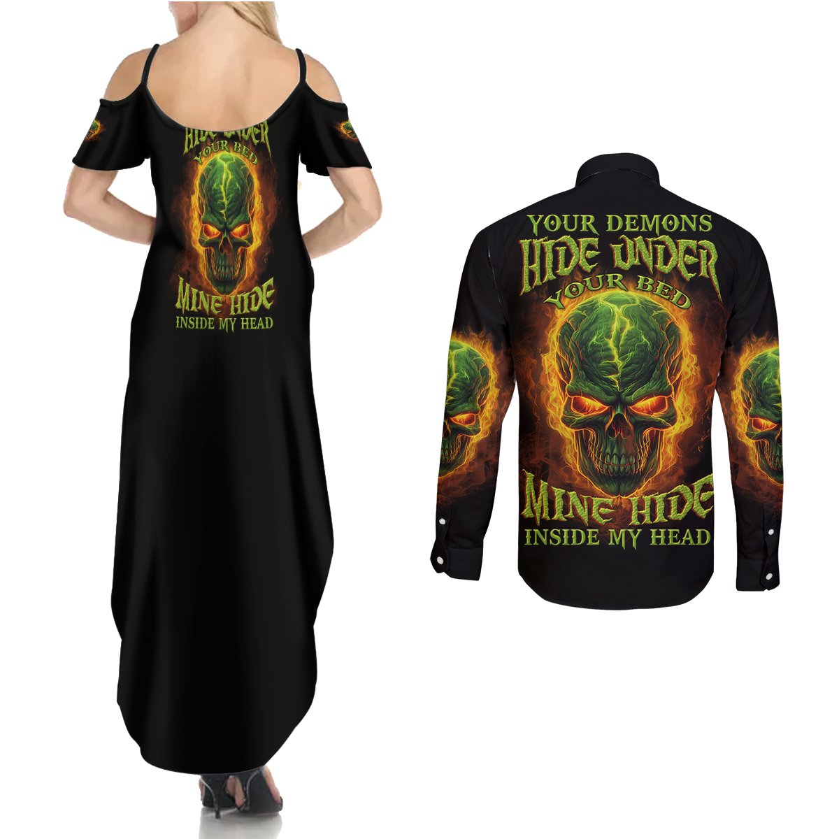 Your Demons Hide Under Your Bed Couples Matching Summer Maxi Dress and Long Sleeve Button Shirt - Wonder Print Shop