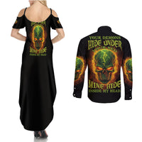 Your Demons Hide Under Your Bed Couples Matching Summer Maxi Dress and Long Sleeve Button Shirt - Wonder Print Shop