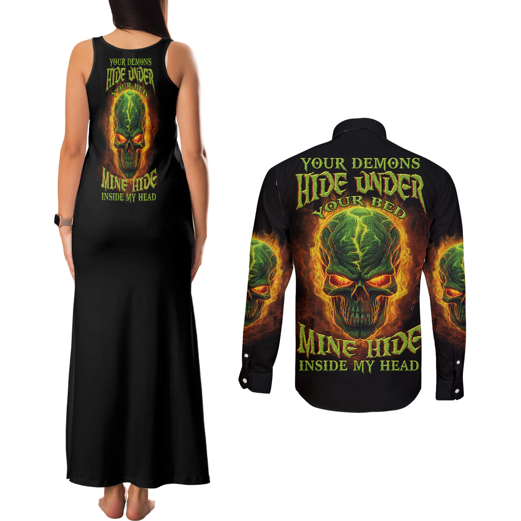 Your Demons Hide Under Your Bed Couples Matching Tank Maxi Dress and Long Sleeve Button Shirt - Wonder Print Shop