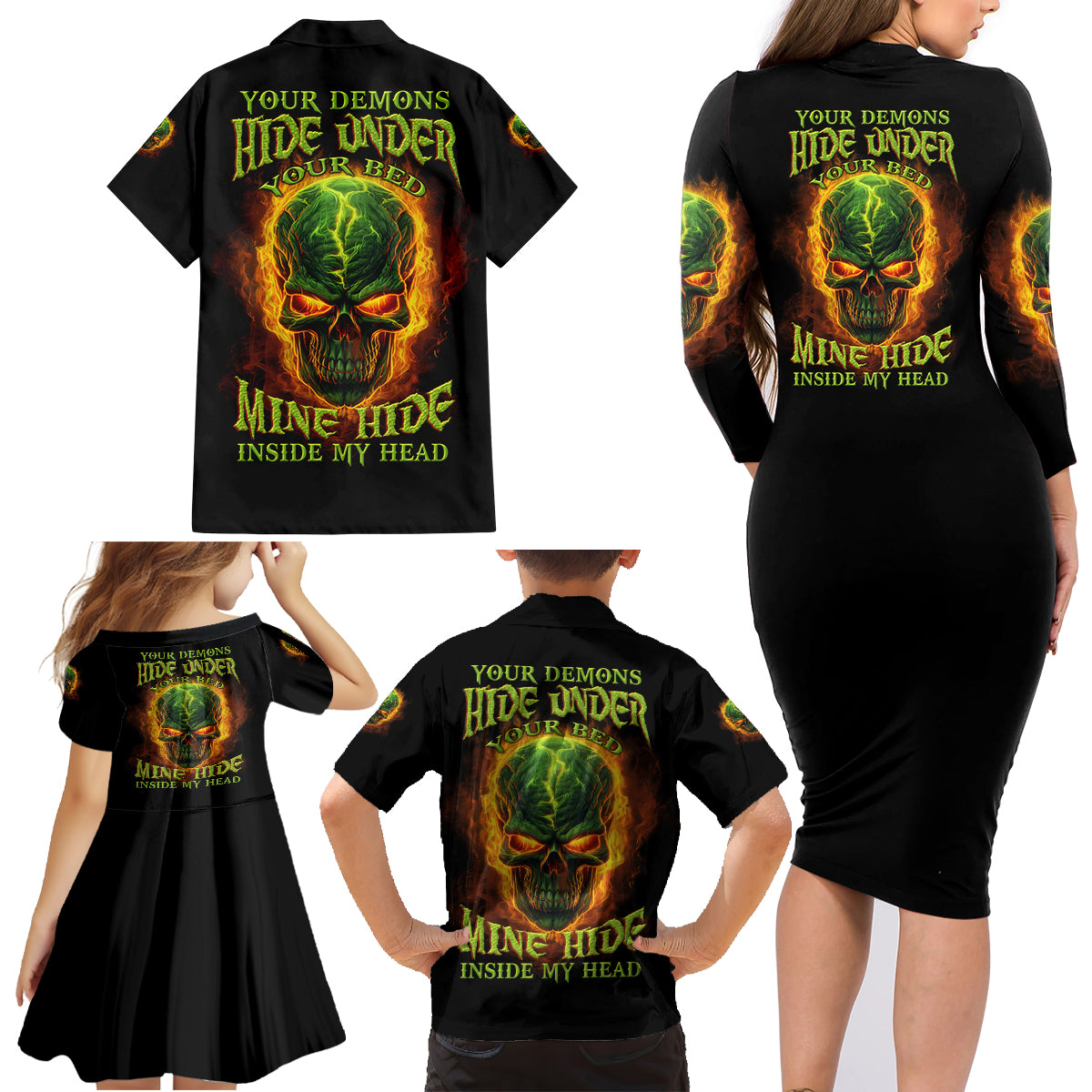 Your Demons Hide Under Your Bed Family Matching Long Sleeve Bodycon Dress and Hawaiian Shirt - Wonder Print Shop