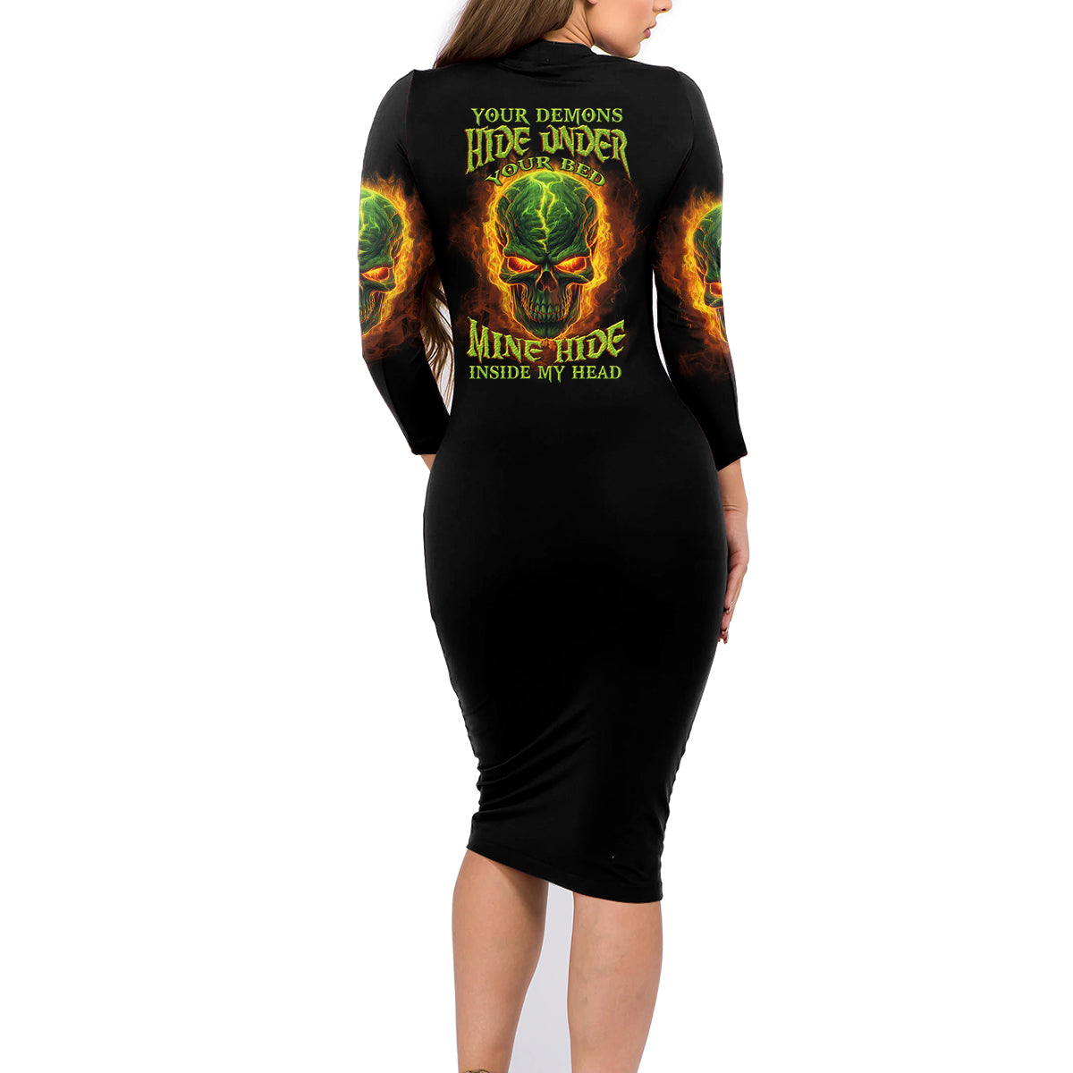 Your Demons Hide Under Your Bed Family Matching Long Sleeve Bodycon Dress and Hawaiian Shirt - Wonder Print Shop