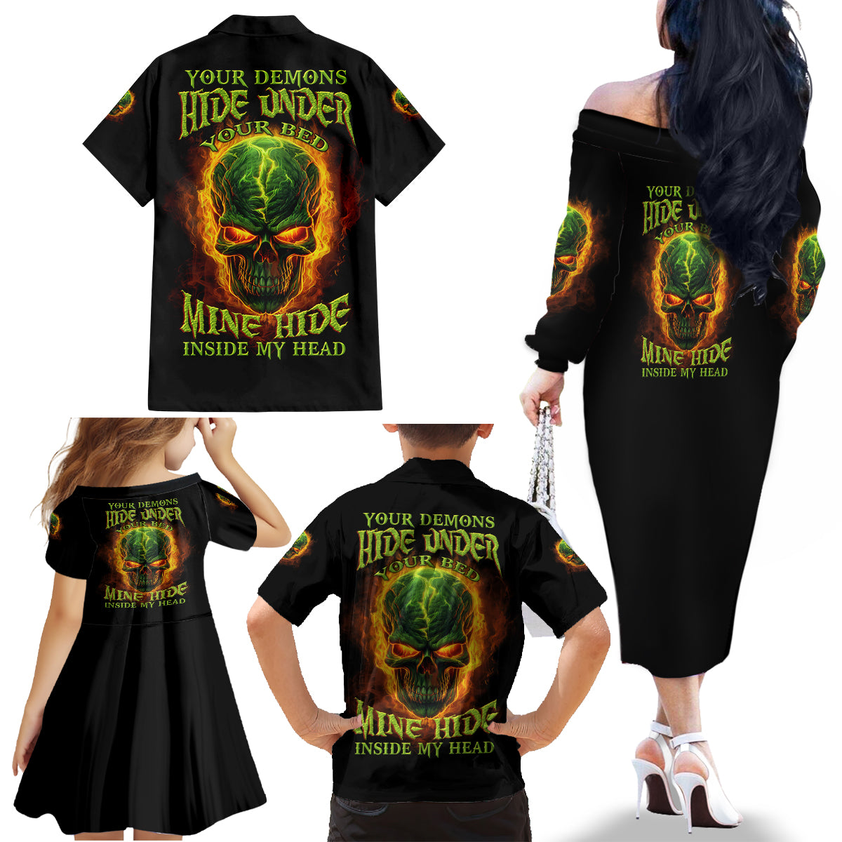 Your Demons Hide Under Your Bed Family Matching Off Shoulder Long Sleeve Dress and Hawaiian Shirt - Wonder Print Shop