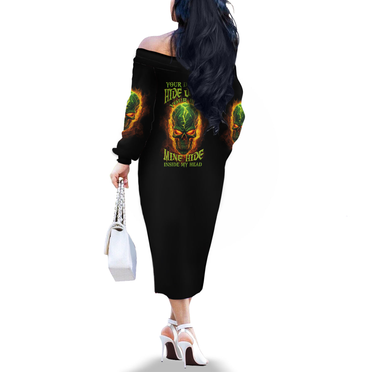 Your Demons Hide Under Your Bed Family Matching Off Shoulder Long Sleeve Dress and Hawaiian Shirt - Wonder Print Shop