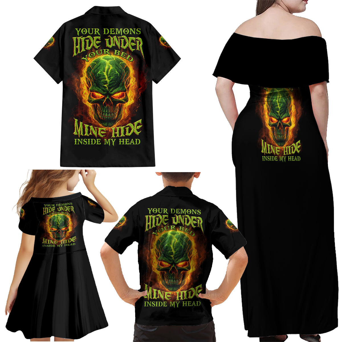 Your Demons Hide Under Your Bed Family Matching Off Shoulder Maxi Dress and Hawaiian Shirt - Wonder Print Shop