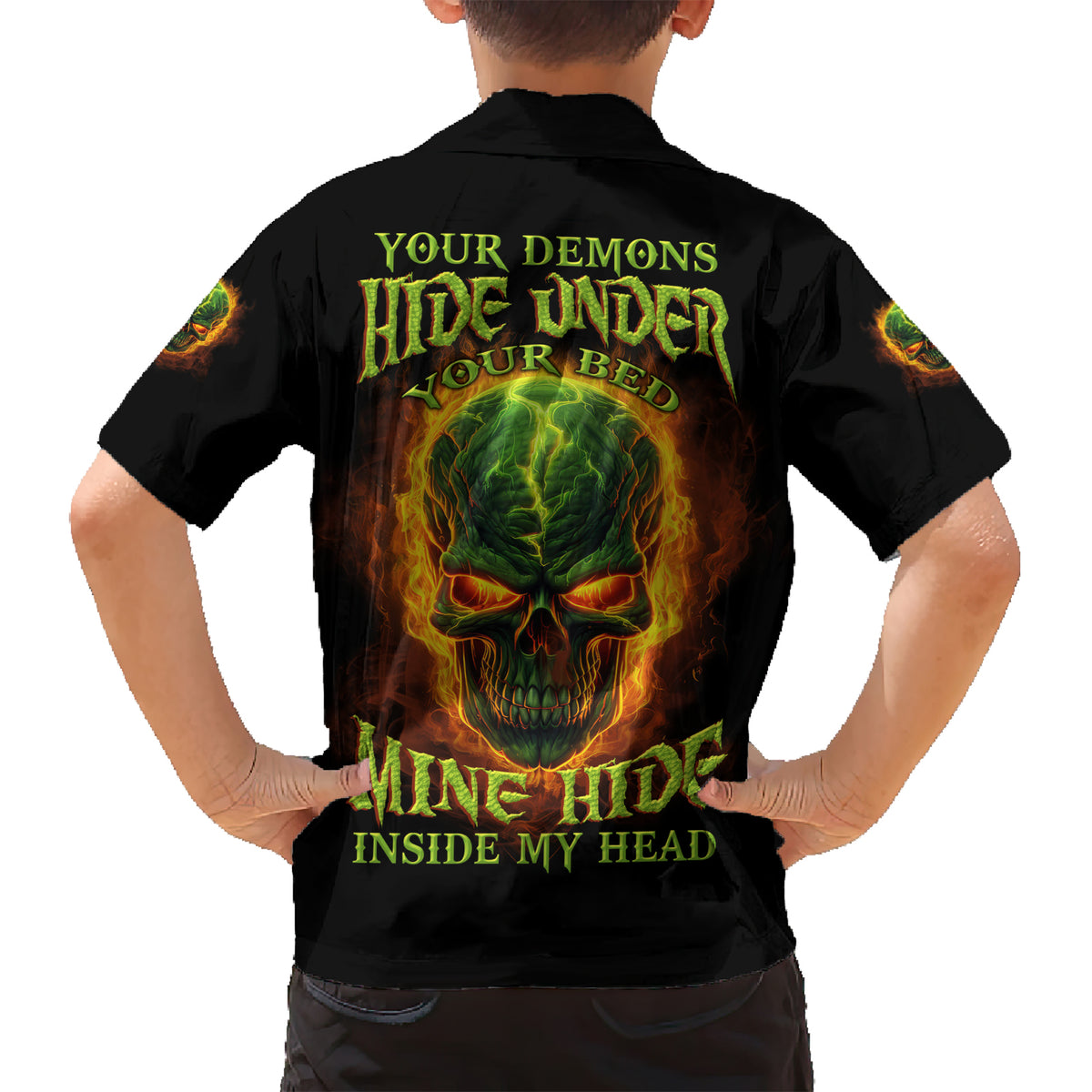 Your Demons Hide Under Your Bed Family Matching Short Sleeve Bodycon Dress and Hawaiian Shirt - Wonder Print Shop