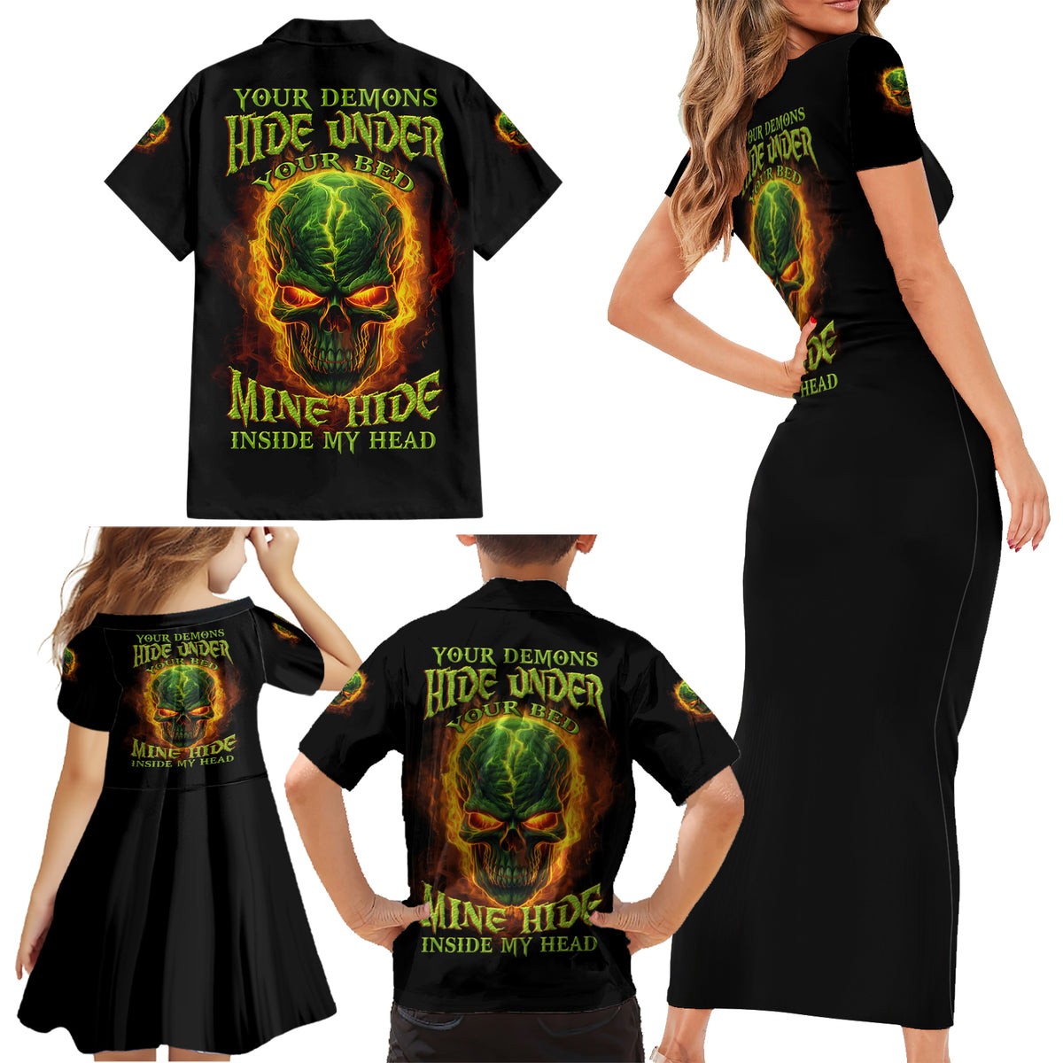 Your Demons Hide Under Your Bed Family Matching Short Sleeve Bodycon Dress and Hawaiian Shirt - Wonder Print Shop