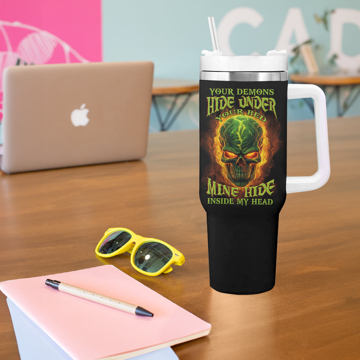 Your Demons Hide Under Your Bed Tumbler With Handle - Wonder Print Shop