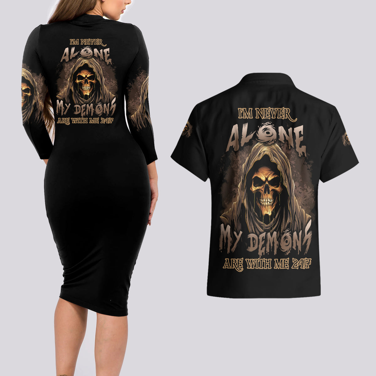 I'm Never Alone Skull Reaper Couples Matching Long Sleeve Bodycon Dress and Hawaiian Shirt - Wonder Print Shop