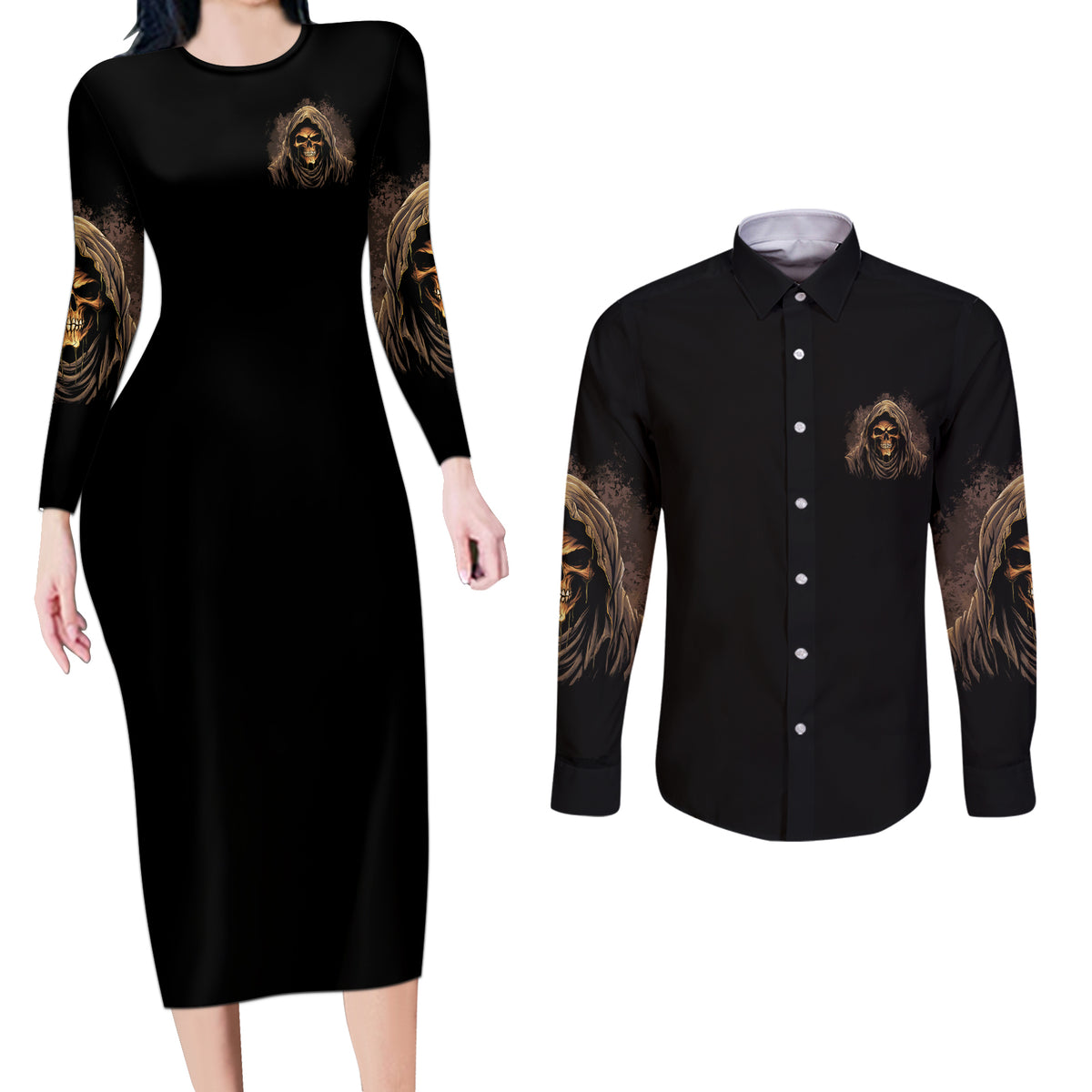 I'm Never Alone Skull Reaper Couples Matching Long Sleeve Bodycon Dress and Long Sleeve Button Shirt - Wonder Print Shop