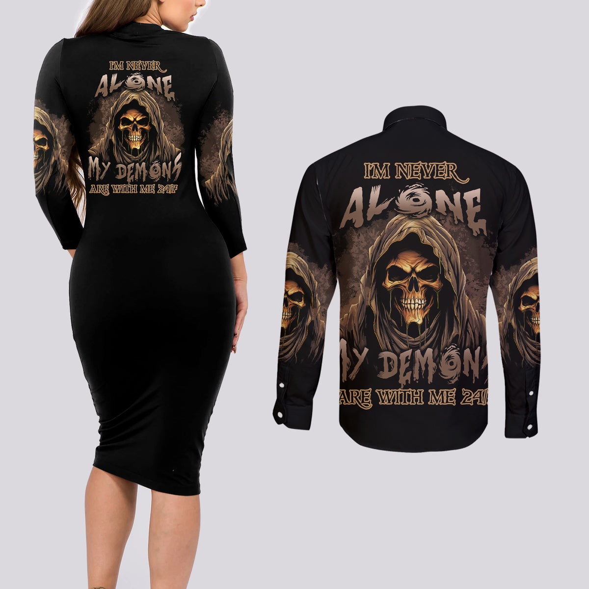 I'm Never Alone Skull Reaper Couples Matching Long Sleeve Bodycon Dress and Long Sleeve Button Shirt - Wonder Print Shop