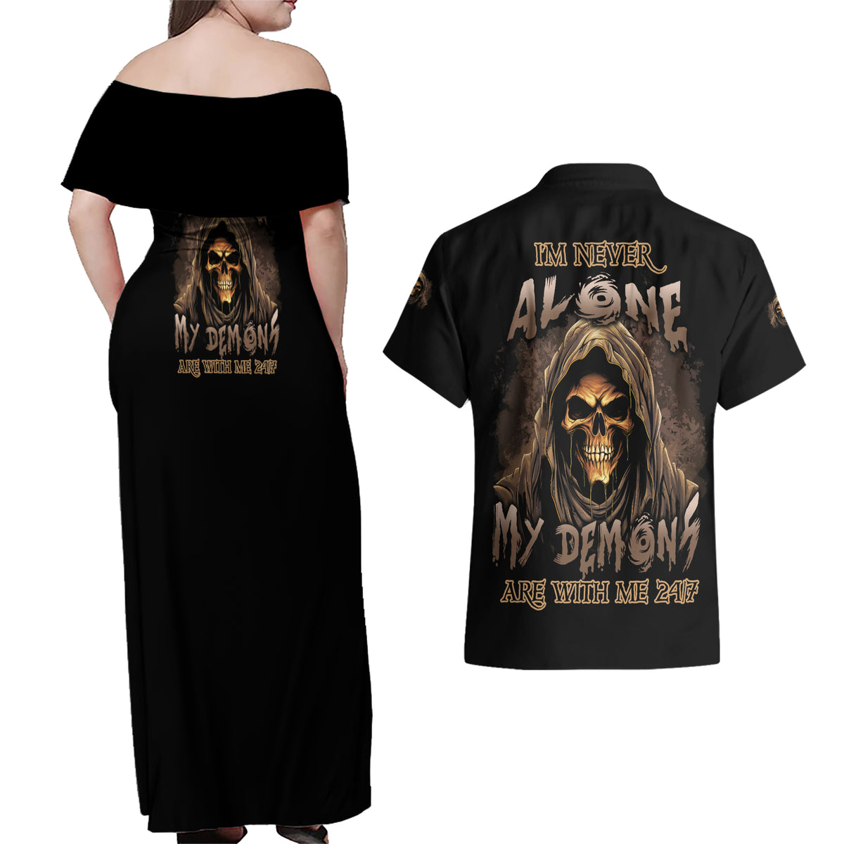 I'm Never Alone Skull Reaper Couples Matching Off Shoulder Maxi Dress and Hawaiian Shirt - Wonder Print Shop
