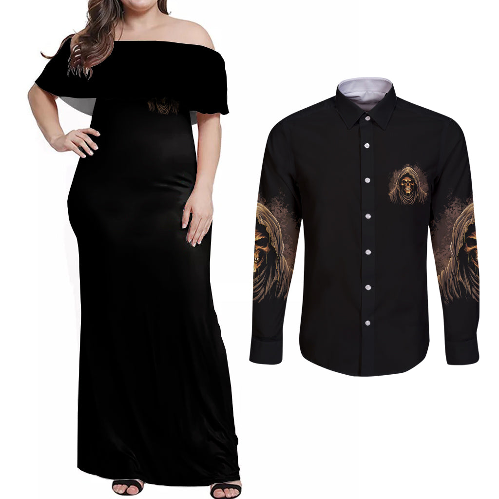 I'm Never Alone Skull Reaper Couples Matching Off Shoulder Maxi Dress and Long Sleeve Button Shirt - Wonder Print Shop
