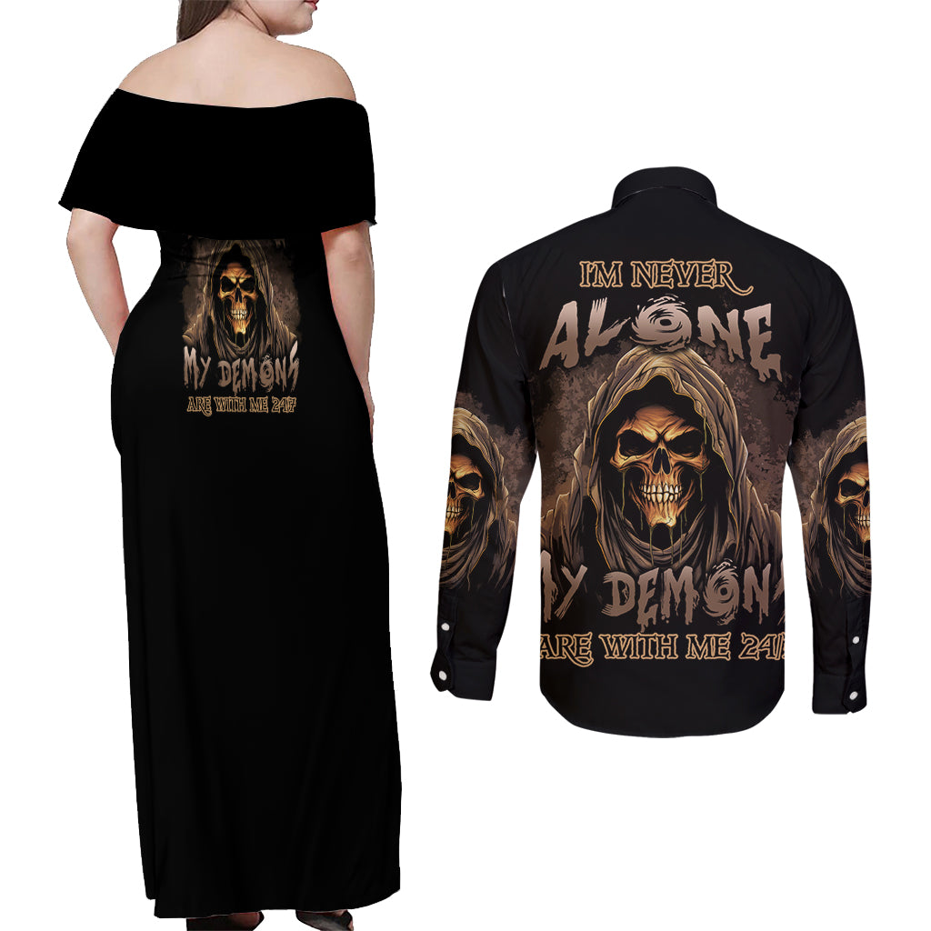 I'm Never Alone Skull Reaper Couples Matching Off Shoulder Maxi Dress and Long Sleeve Button Shirt - Wonder Print Shop