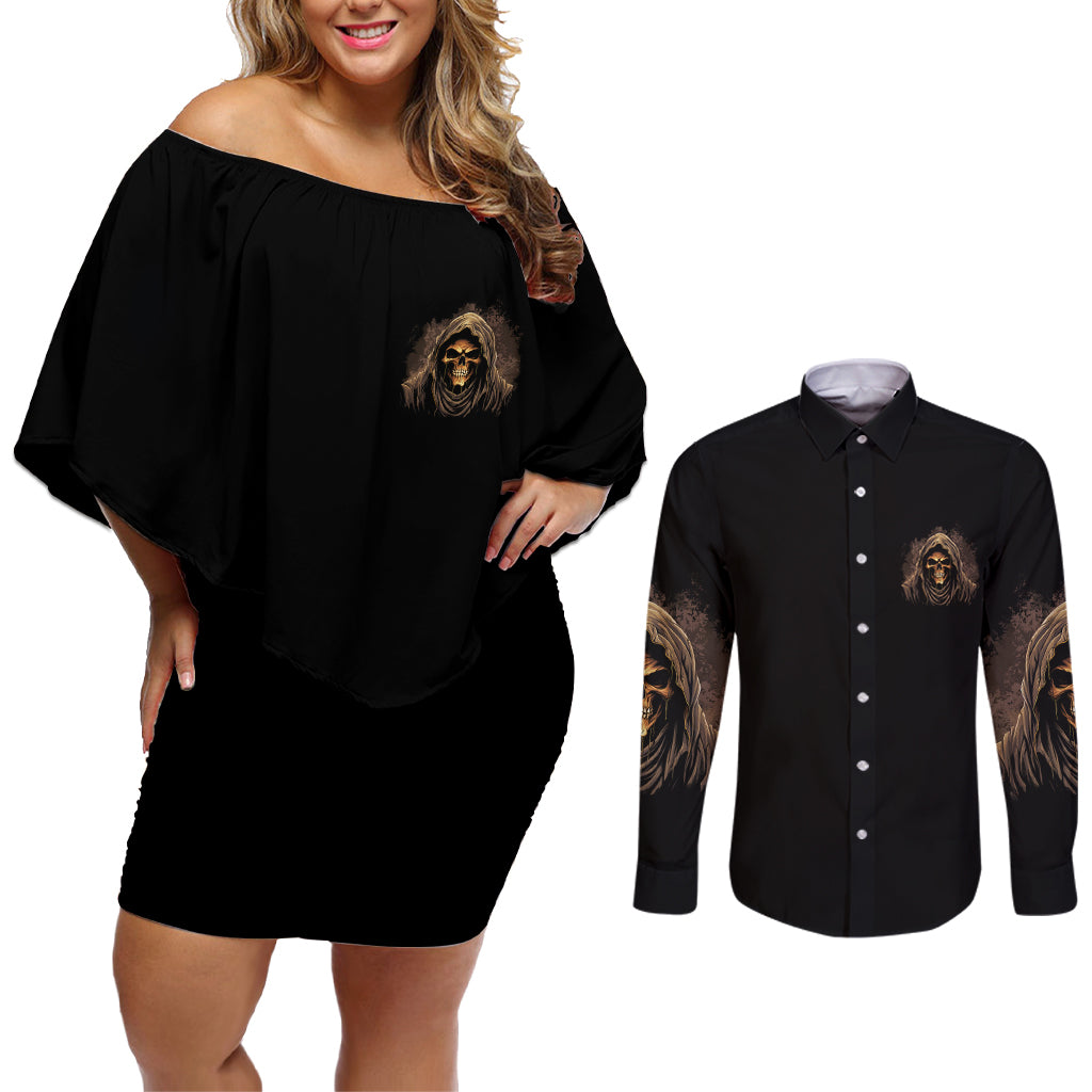 I'm Never Alone Skull Reaper Couples Matching Off Shoulder Short Dress and Long Sleeve Button Shirt - Wonder Print Shop