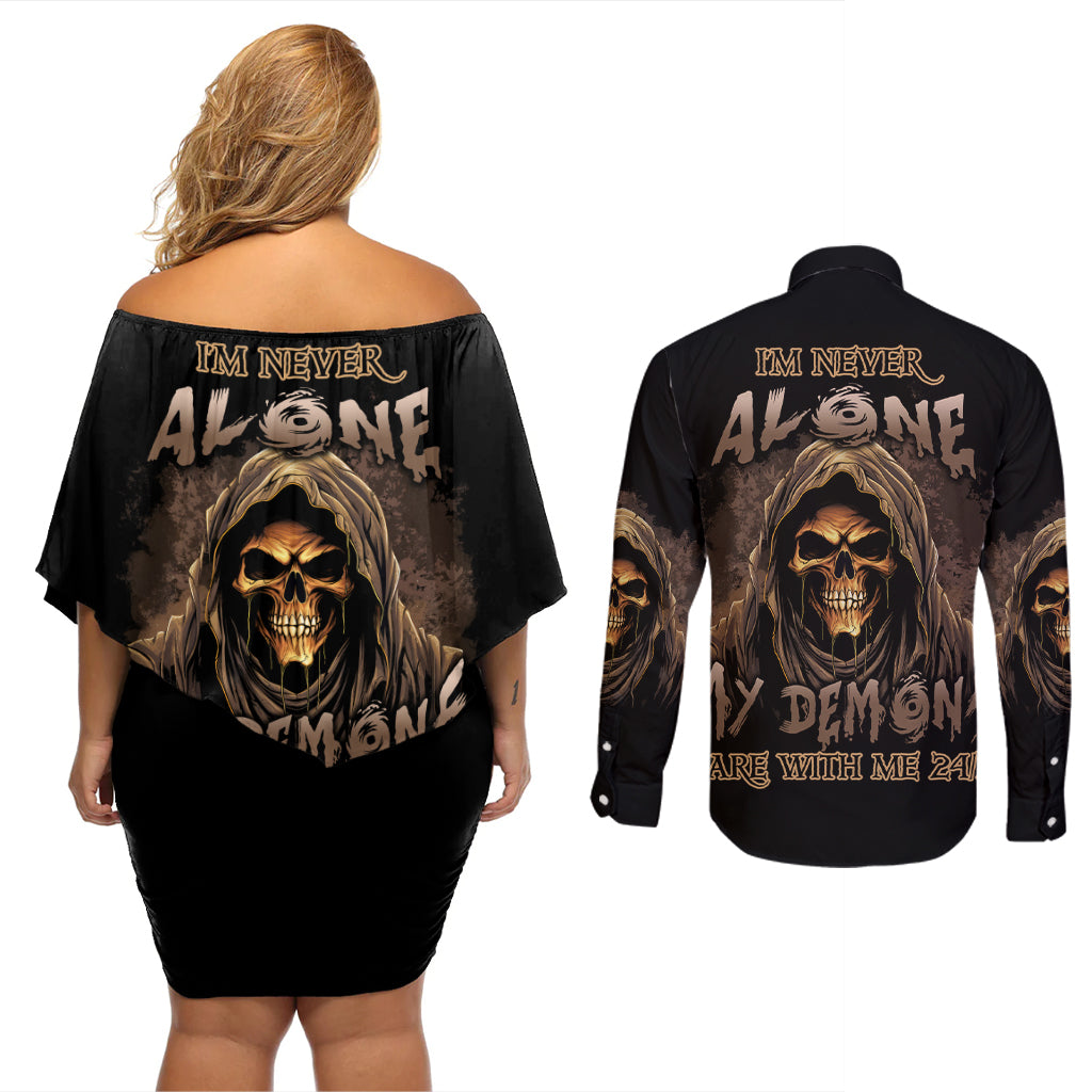 I'm Never Alone Skull Reaper Couples Matching Off Shoulder Short Dress and Long Sleeve Button Shirt - Wonder Print Shop