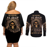 I'm Never Alone Skull Reaper Couples Matching Off Shoulder Short Dress and Long Sleeve Button Shirt - Wonder Print Shop