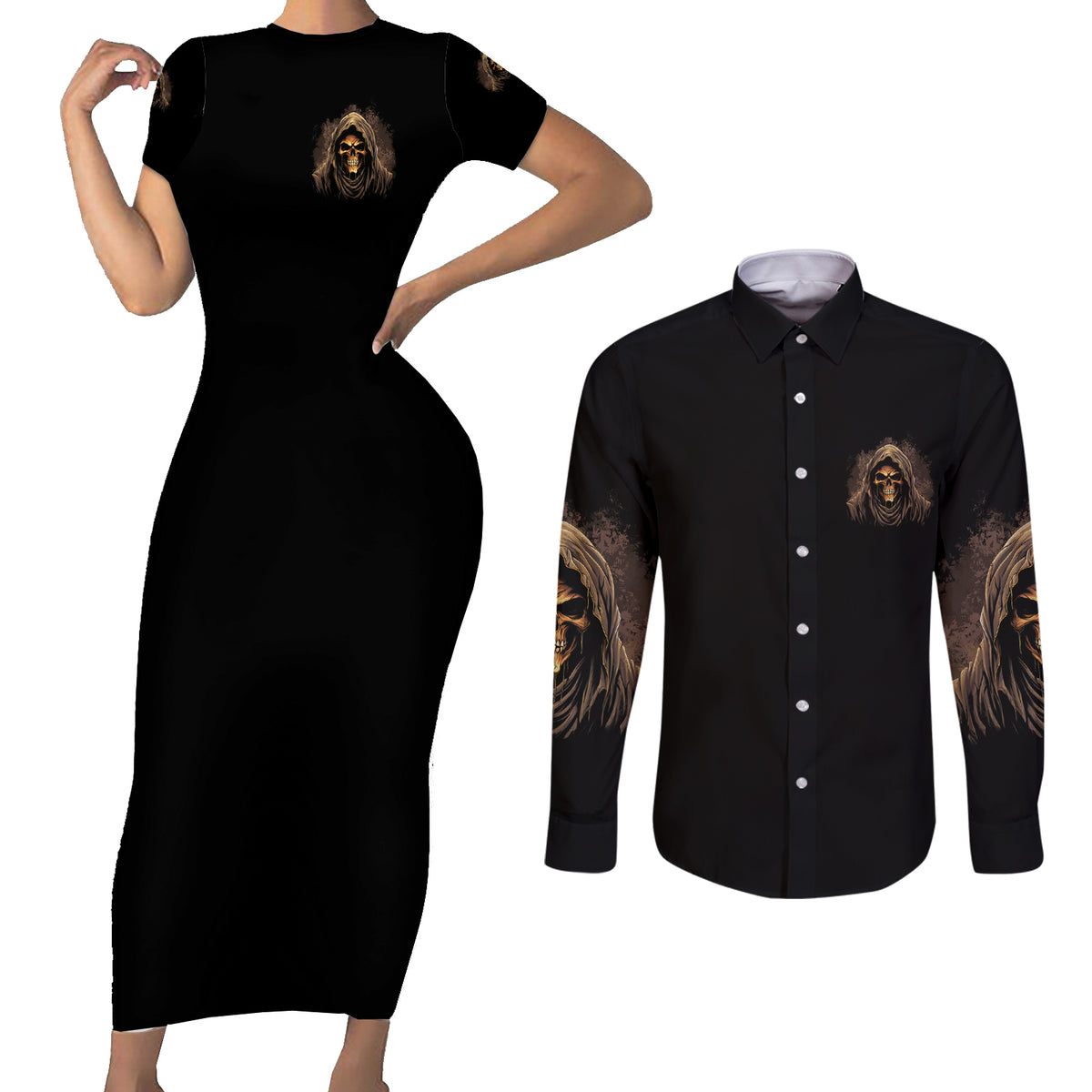 I'm Never Alone Skull Reaper Couples Matching Short Sleeve Bodycon Dress and Long Sleeve Button Shirt - Wonder Print Shop