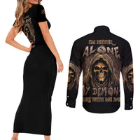 I'm Never Alone Skull Reaper Couples Matching Short Sleeve Bodycon Dress and Long Sleeve Button Shirt - Wonder Print Shop