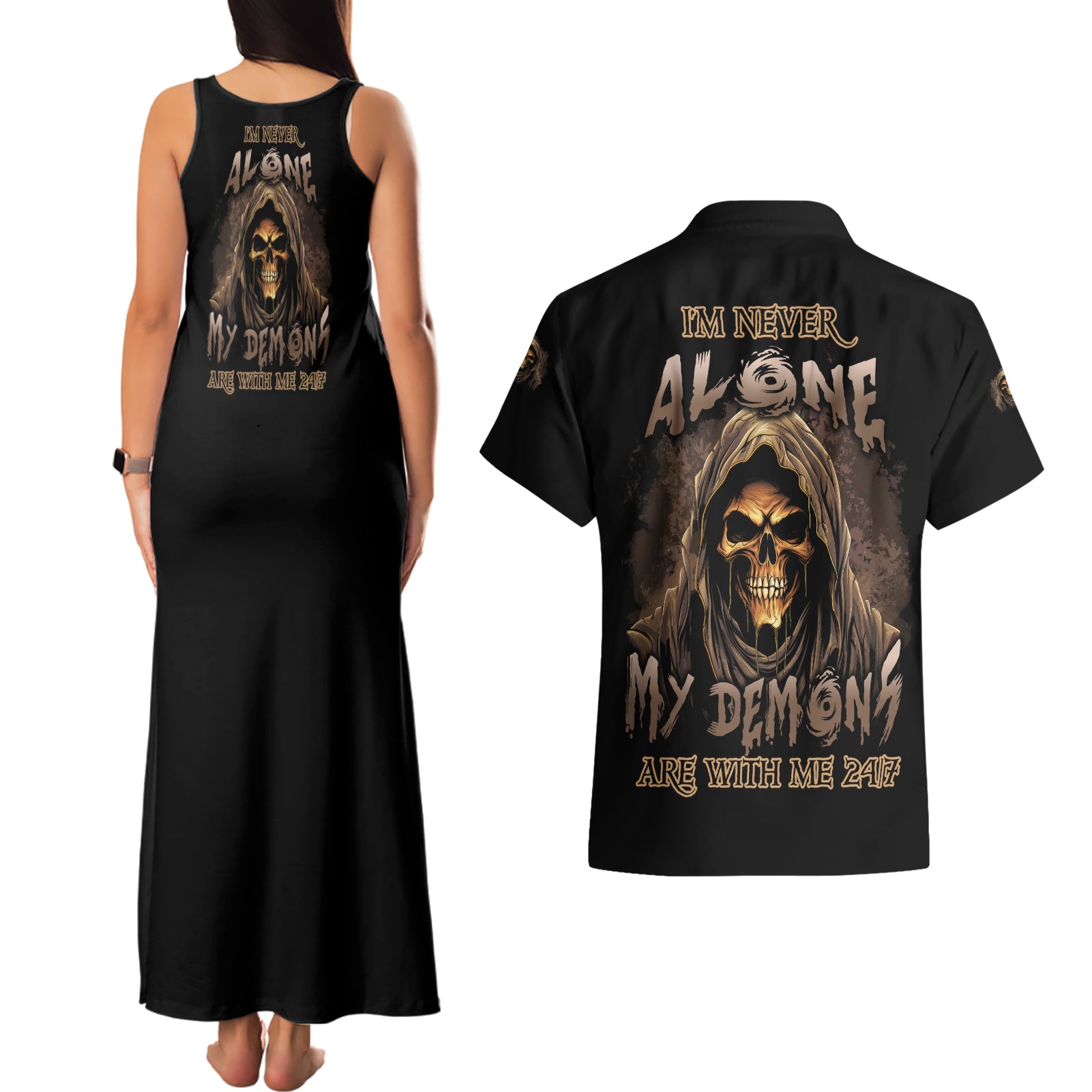 I'm Never Alone Skull Reaper Couples Matching Tank Maxi Dress and Hawaiian Shirt - Wonder Print Shop