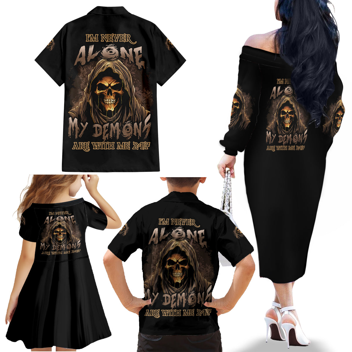 I'm Never Alone Skull Reaper Family Matching Off Shoulder Long Sleeve Dress and Hawaiian Shirt - Wonder Print Shop