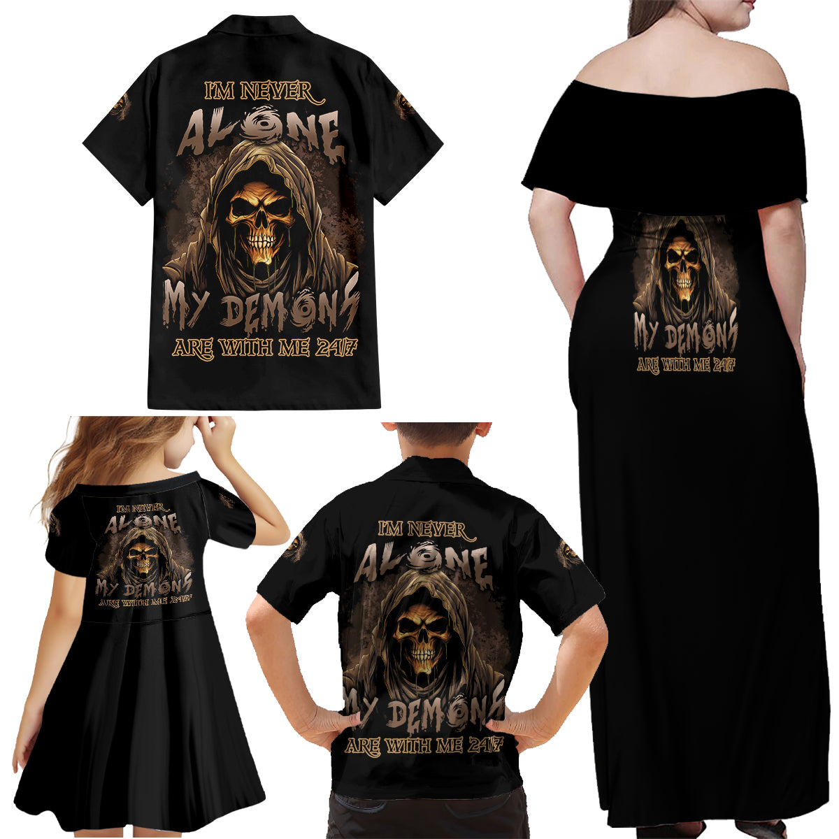 I'm Never Alone Skull Reaper Family Matching Off Shoulder Maxi Dress and Hawaiian Shirt - Wonder Print Shop