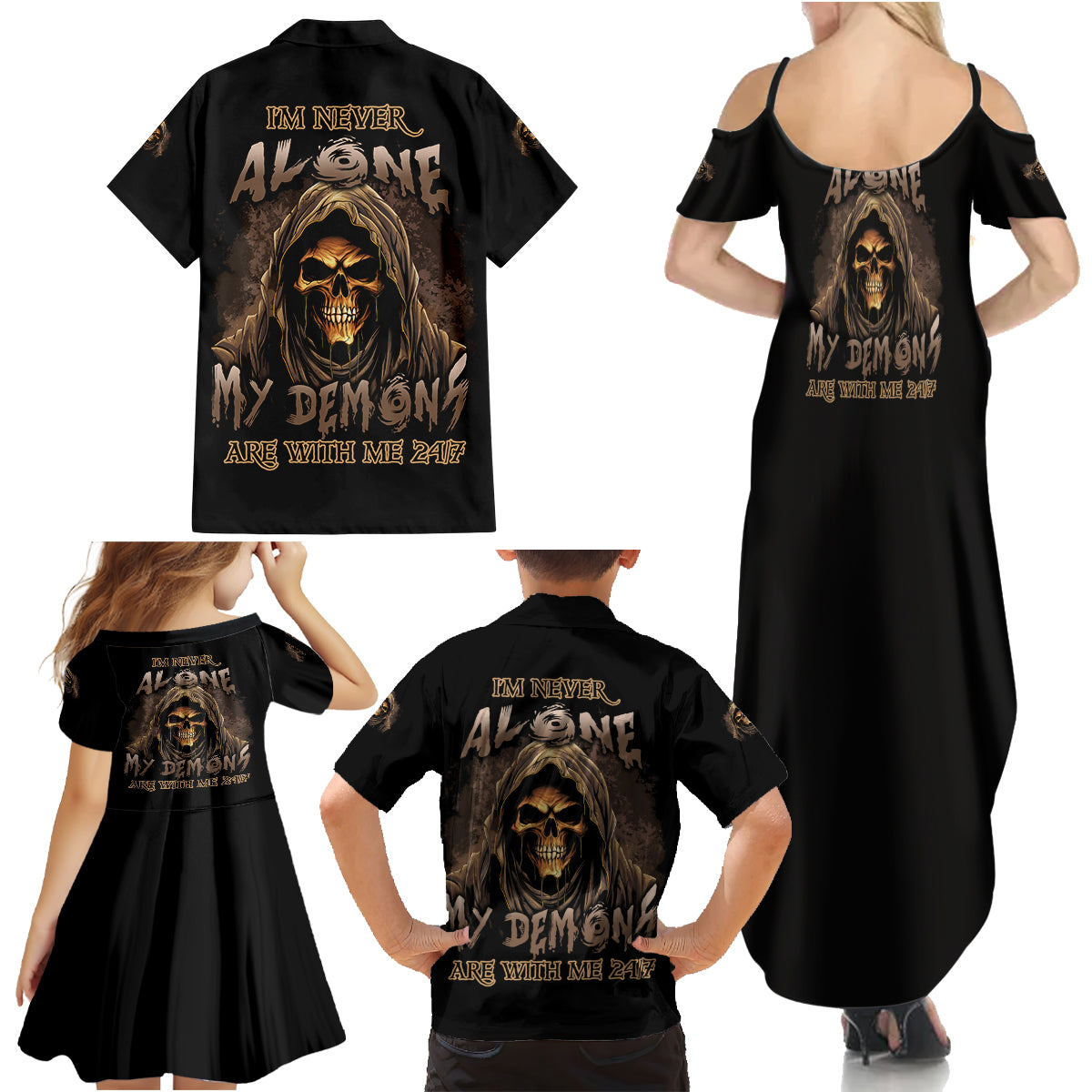 I'm Never Alone Skull Reaper Family Matching Summer Maxi Dress and Hawaiian Shirt - Wonder Print Shop