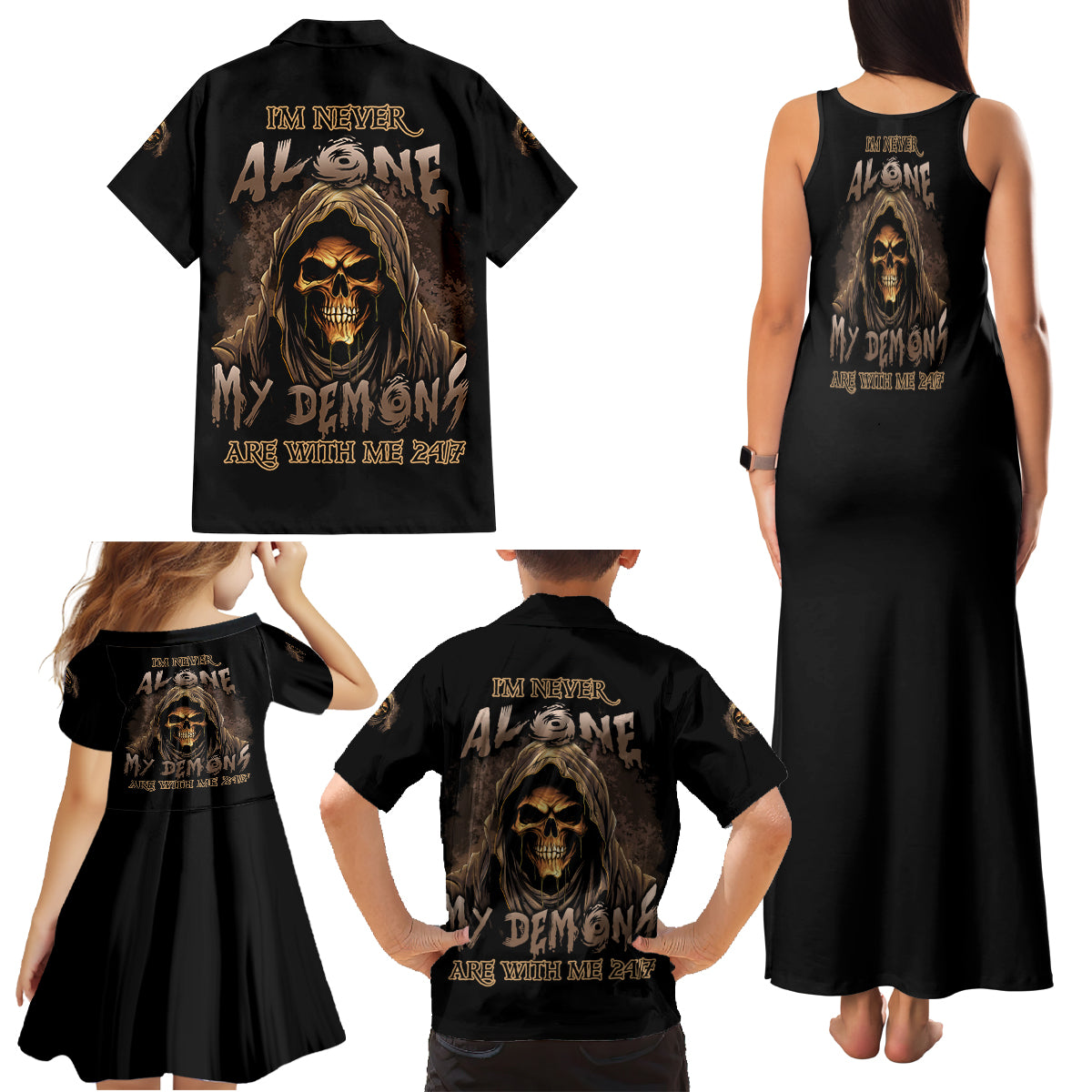 I'm Never Alone Skull Reaper Family Matching Tank Maxi Dress and Hawaiian Shirt - Wonder Print Shop