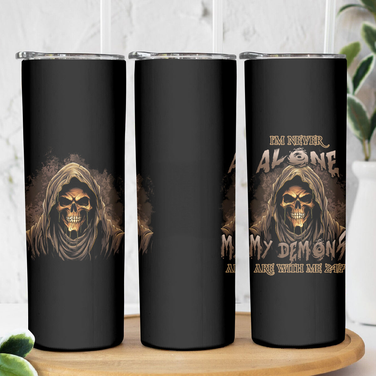 I'm Never Alone Skull Reaper Skinny Tumbler - Wonder Print Shop
