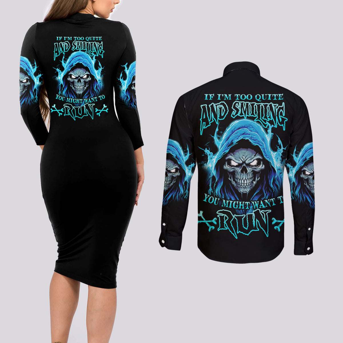 If I'm Too Quiet And Smiling Couples Matching Long Sleeve Bodycon Dress and Long Sleeve Button Shirt - Wonder Print Shop