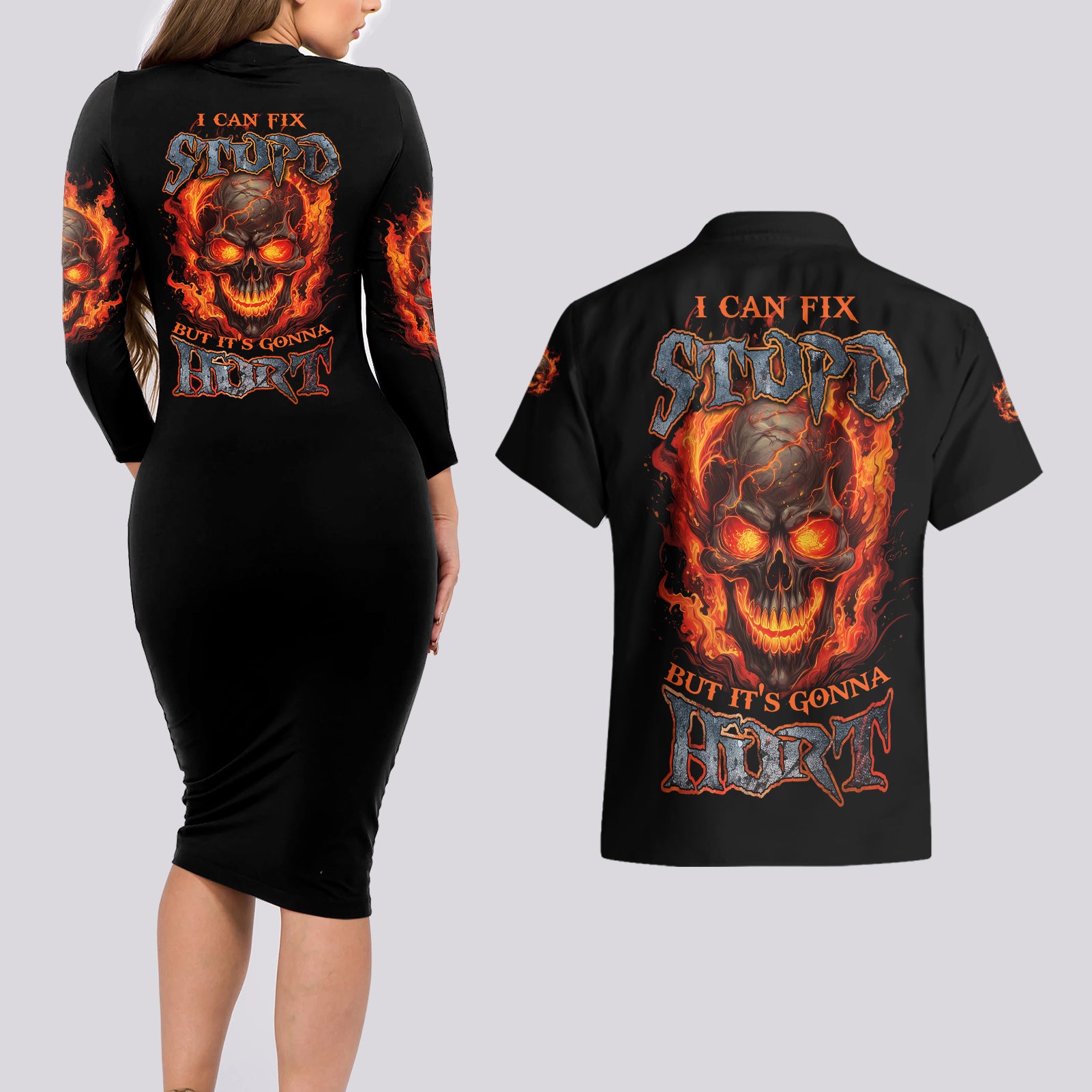 I Can Fix Stupid But It's Gonna Hurt Couples Matching Long Sleeve Bodycon Dress and Hawaiian Shirt - Wonder Print Shop