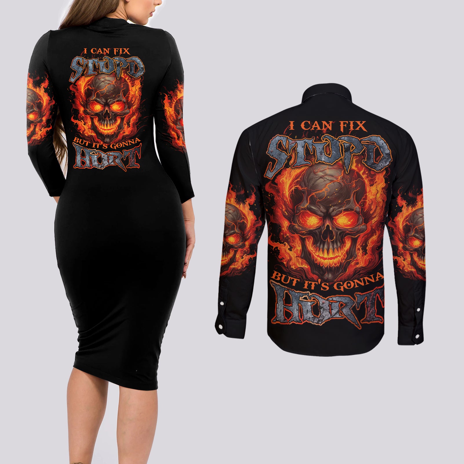 I Can Fix Stupid But It's Gonna Hurt Couples Matching Long Sleeve Bodycon Dress and Long Sleeve Button Shirt - Wonder Print Shop