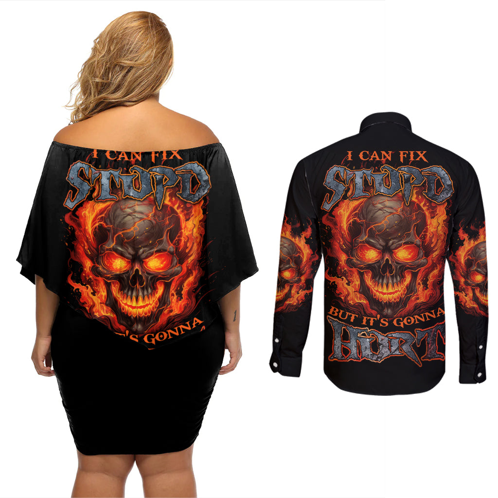 I Can Fix Stupid But It's Gonna Hurt Couples Matching Off Shoulder Short Dress and Long Sleeve Button Shirt - Wonder Print Shop