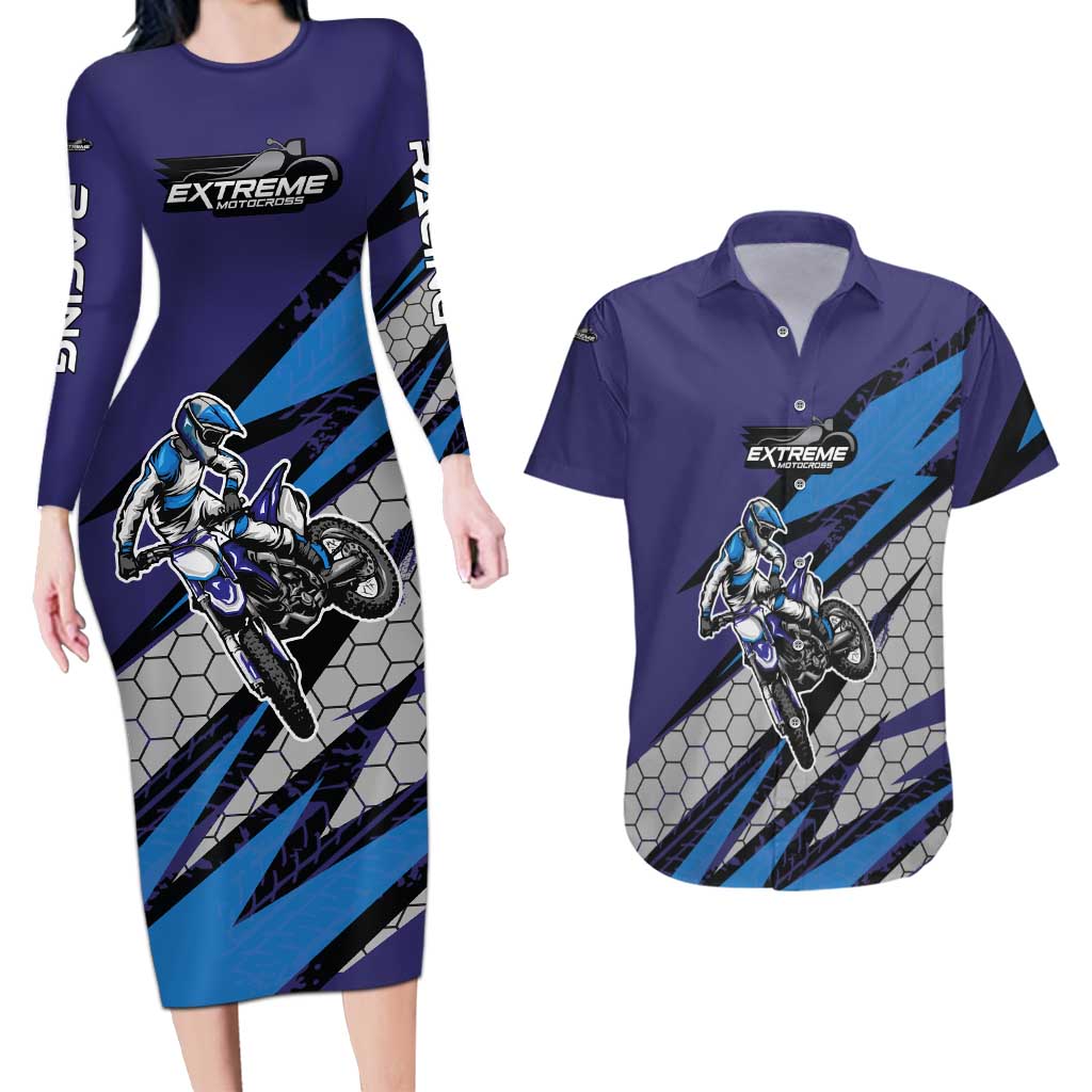 Custom Extreme Motocross Racing Couples Matching Long Sleeve Bodycon Dress and Hawaiian Shirt with Rider Graphic - Wonder Print Shop