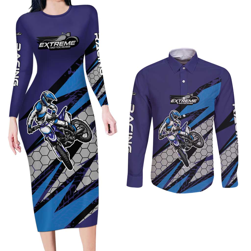Custom Extreme Motocross Racing Couples Matching Long Sleeve Bodycon Dress and Long Sleeve Button Shirt with Rider Graphic - Wonder Print Shop