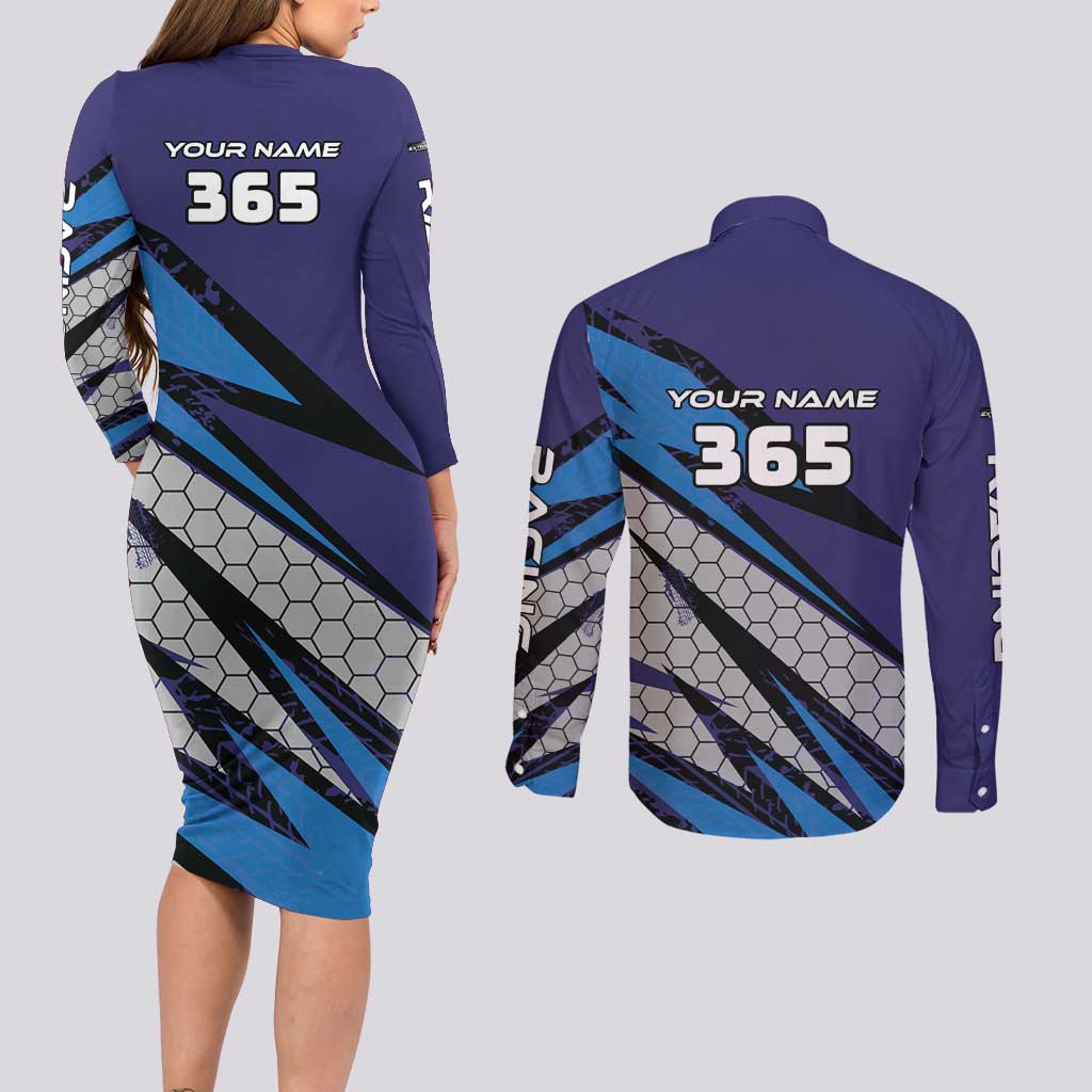 Custom Extreme Motocross Racing Couples Matching Long Sleeve Bodycon Dress and Long Sleeve Button Shirt with Rider Graphic - Wonder Print Shop