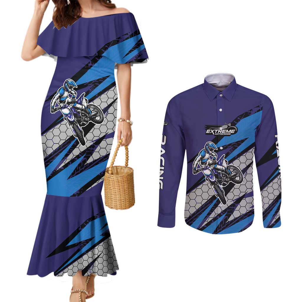 Custom Extreme Motocross Racing Couples Matching Mermaid Dress and Long Sleeve Button Shirt with Rider Graphic - Wonder Print Shop