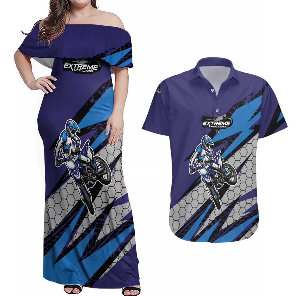 Custom Extreme Motocross Racing Couples Matching Off Shoulder Maxi Dress and Hawaiian Shirt with Rider Graphic - Wonder Print Shop