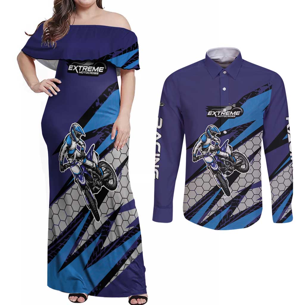 Custom Extreme Motocross Racing Couples Matching Off Shoulder Maxi Dress and Long Sleeve Button Shirt with Rider Graphic - Wonder Print Shop